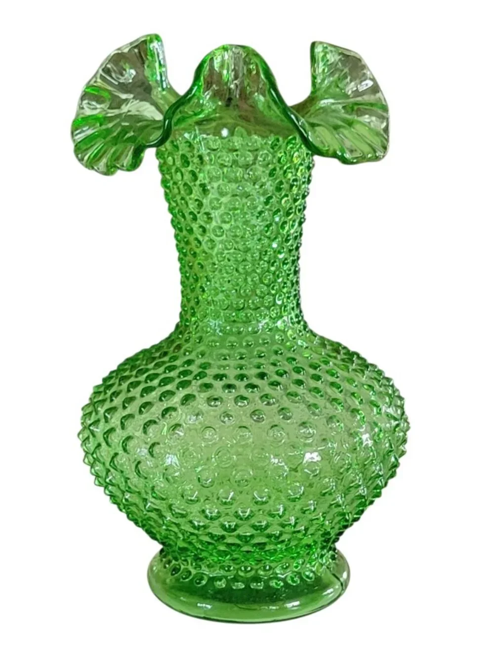 Vintage Fenton Green Hobnail Ruffled Vase 11” Art Glass Signed USA